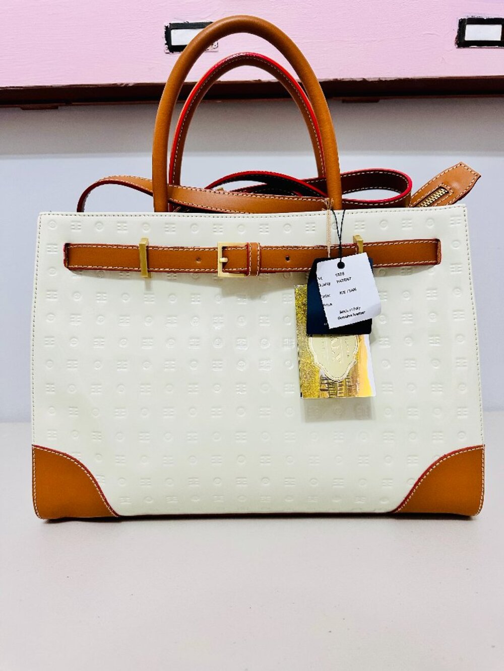 ARCADIA 2-WAY PATENT LEATHER ICE WHITE AND TAN SATCHEL CROSSBODY BAG LARGE ITALY